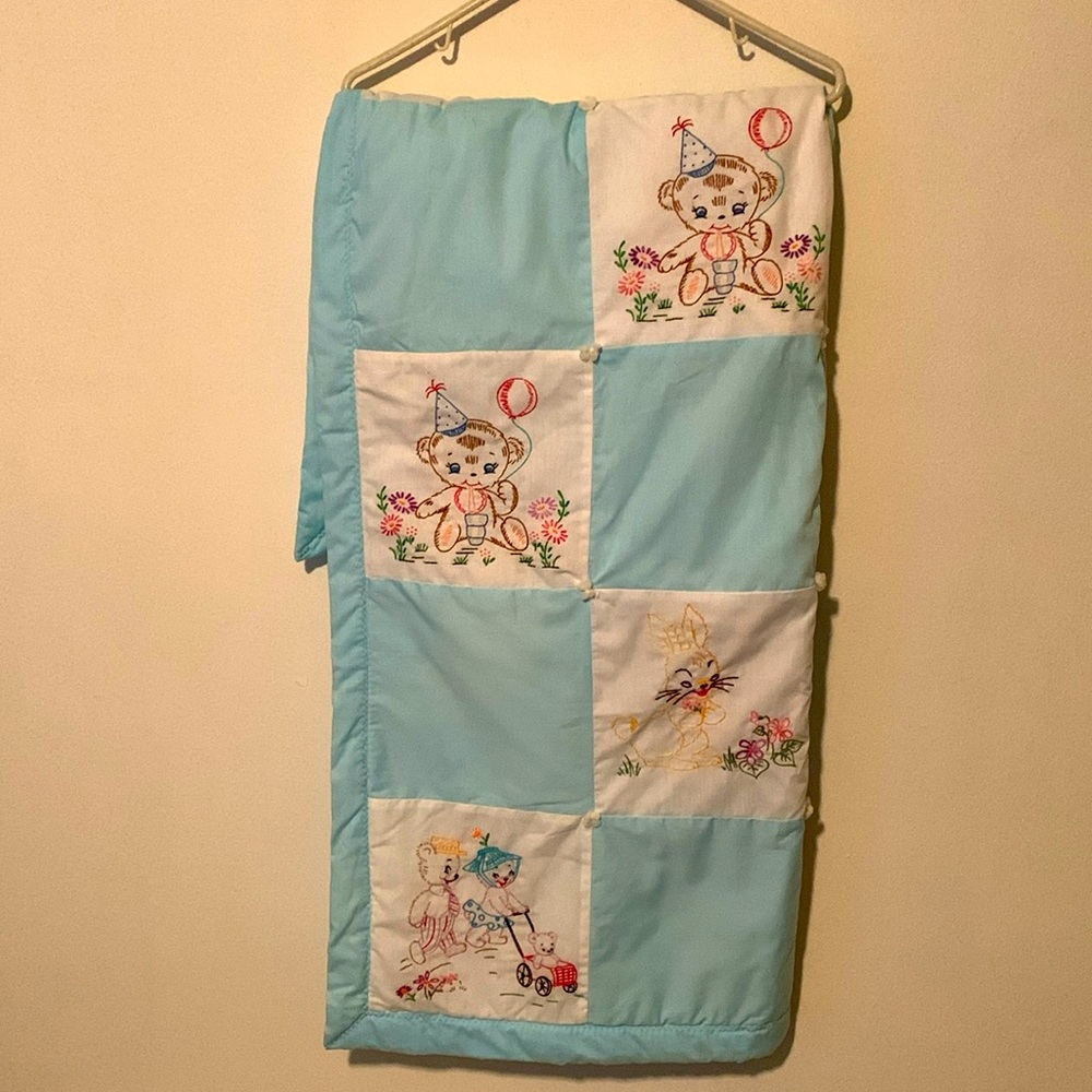 Hand Crafted Blue and White Quilt with Embroidered Animals